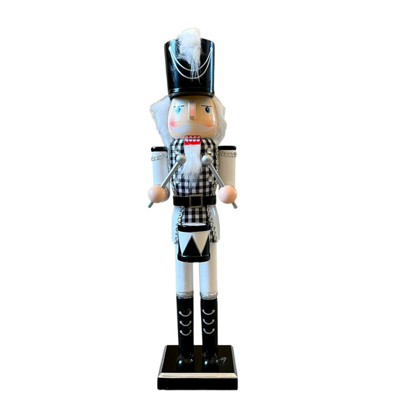 (2) Christmas Nutcracker Drummer Soldiers 14in Wood Black & White Checkered New - Picture 2 of 15